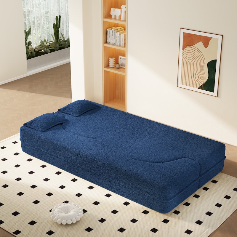 Convertible Floor Sofa with Teddy Fabric, Twin Mattress & No Assembly