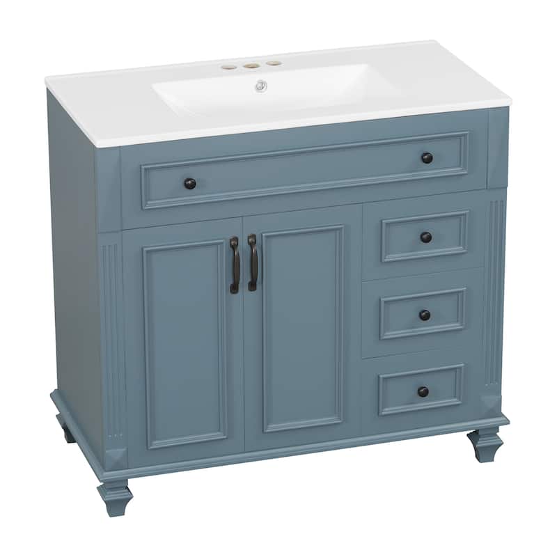 Roomfitters 36" Bathroom Vanity with Sink, Flip-Out Drawer, 3 Drawers, Soft-Close Doors, Solid Wood Cabinet