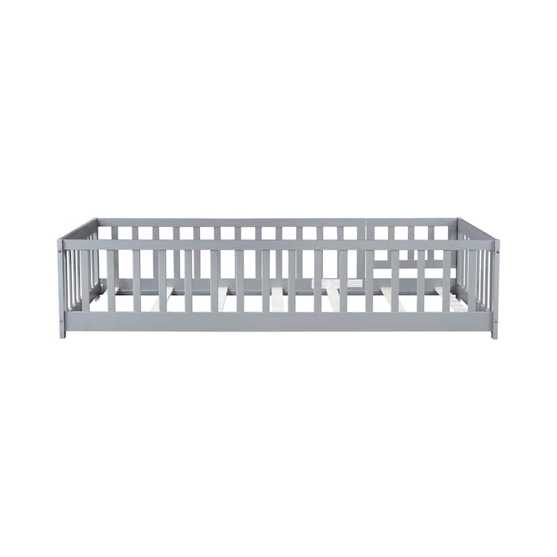 Twin Size Rubber Wood Floor Panel Bed with Safety Fence and Door