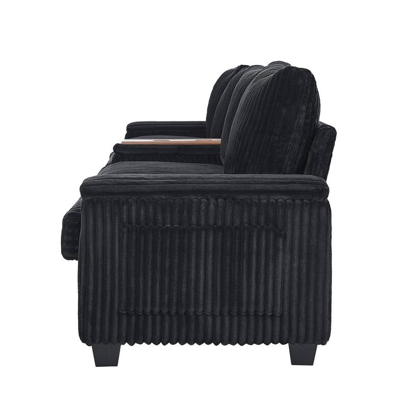 4 Seater Corduroy Sofa Couch with USB Ports and Storage Arms, 133" Modern Sofa with Side Pockets and Flip-Top Cup Holders