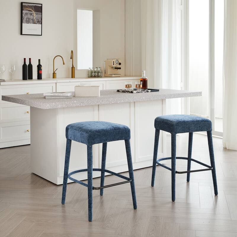 Set of 2 Counter Height Backless Brown Faux Leather Bar Stool - Comfortable Padded Seat with Sturdy Metal Legs - Light Blue