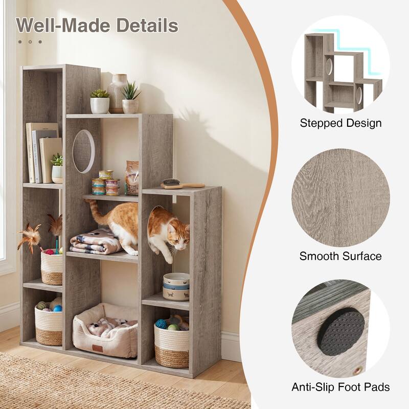 Gymax Modern Cat Bookshelf w/ 2 Round Holes Anti-Tipping Device for