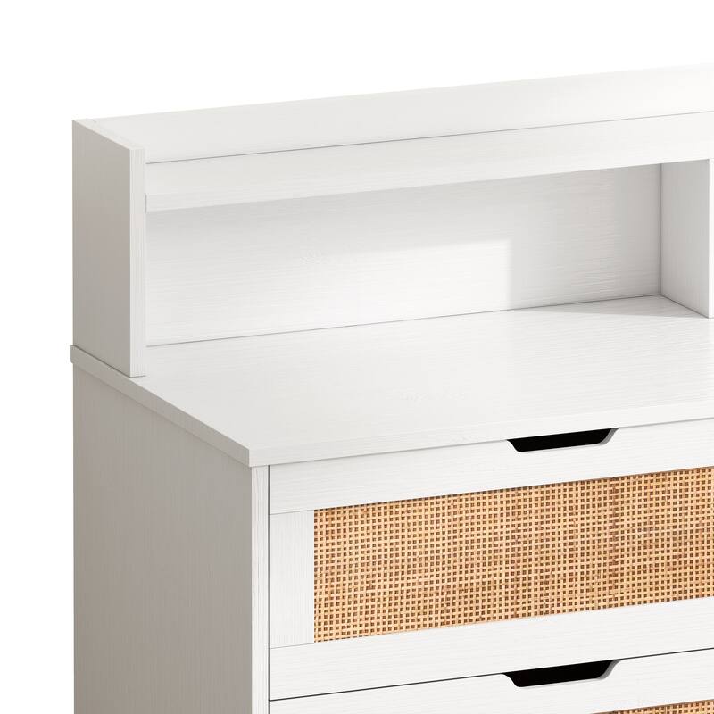 White Rattan Drawer Storage Cabinet with LED Lights and Power Outlet, Great for Bedroom and Living Room, 43.31" Size