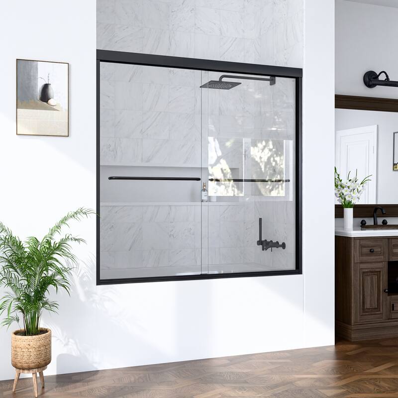 GDFStudio - Modern Minimalist Semi-Frameless Double Sliding Shower Door with 1/4" SGCC Tempered Glass & Stainless Steel Handle - 56"-60"W x 60" H - Matte Black