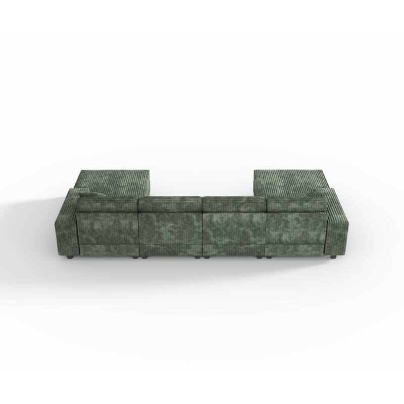 139.76" Corduroy U-Shaped Sectional Sofa with Storage Arms & Pocket Spring Cushions