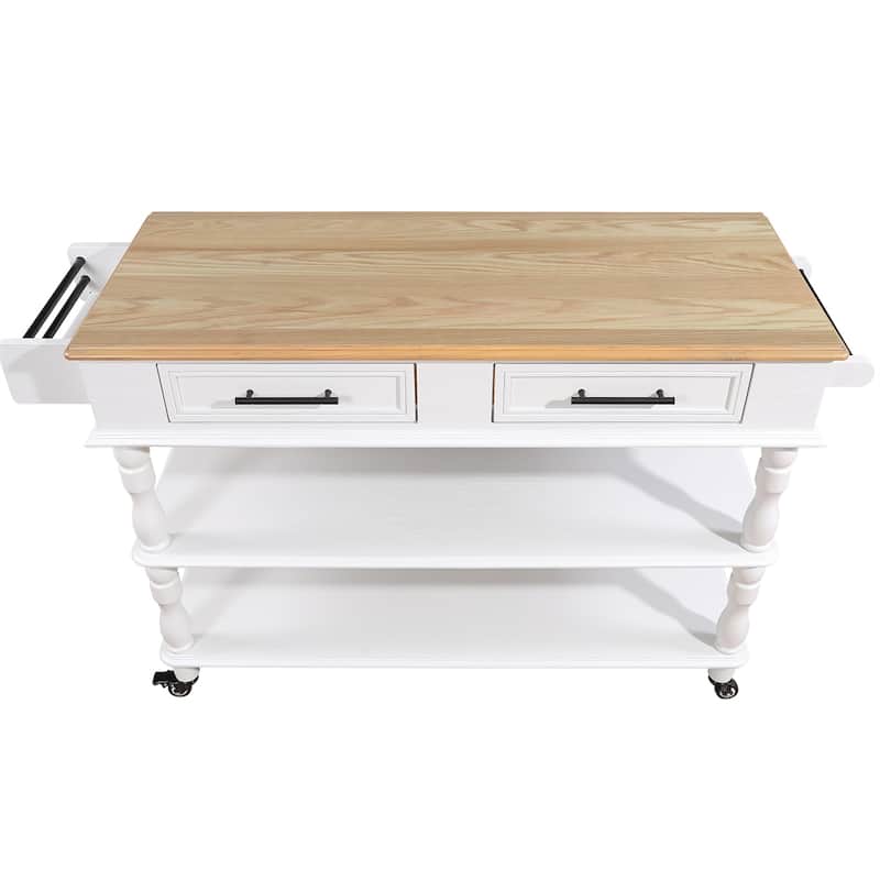 Rolling OAK Wood Top Kitchen Cart with Wine Rack and 2 Drawers