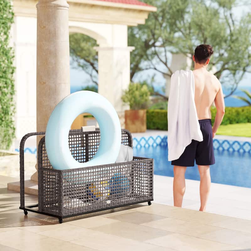 Light Grey Rattan Mobile Two-Section Storage Basket with Steel Frame for Indoor or Outdoor - 43.25" L x 22.5" W x 28" H