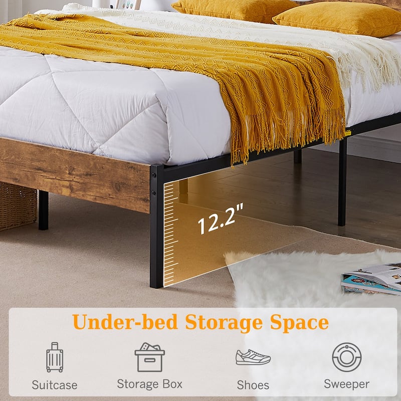 Javlergo Metal Platform Bed Frame with Wooden Headboard and Footboard Farmhouse Rustic Platform Bed Frame No Box Spring Needed