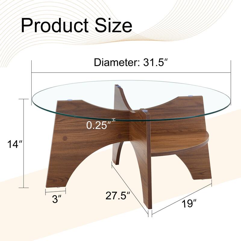 GDFStudio Marcellus Tempered Glass Coffee Table with Wood Legs and Fan-Shaped Pedestal Design