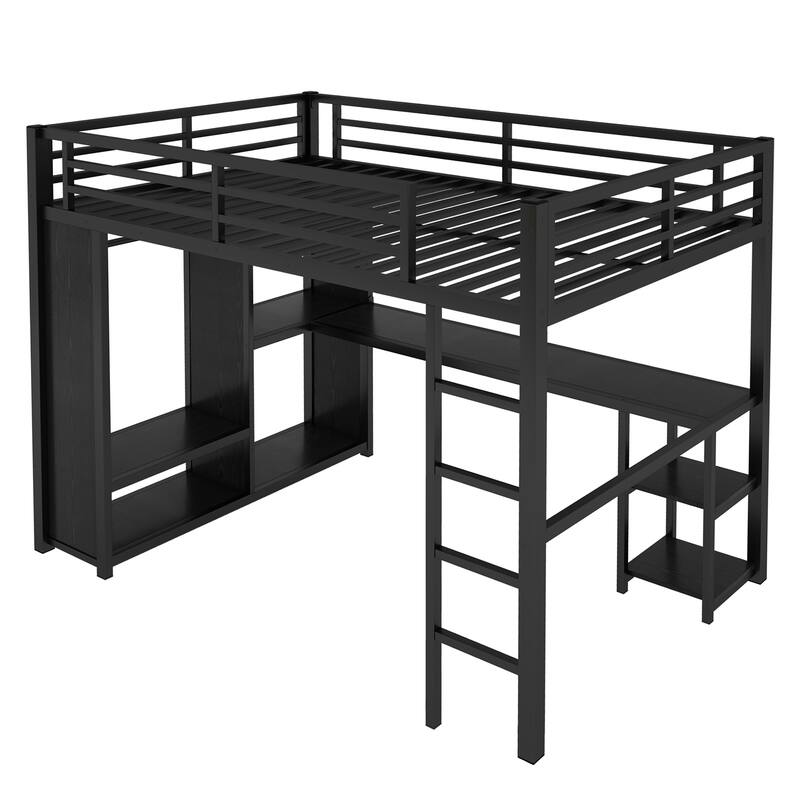 Roomfitters Twin/Full Metal Loft Bed Frame with Built-in Wardrobe, Desk & Storage Shelves, Space-Saving Design, Black