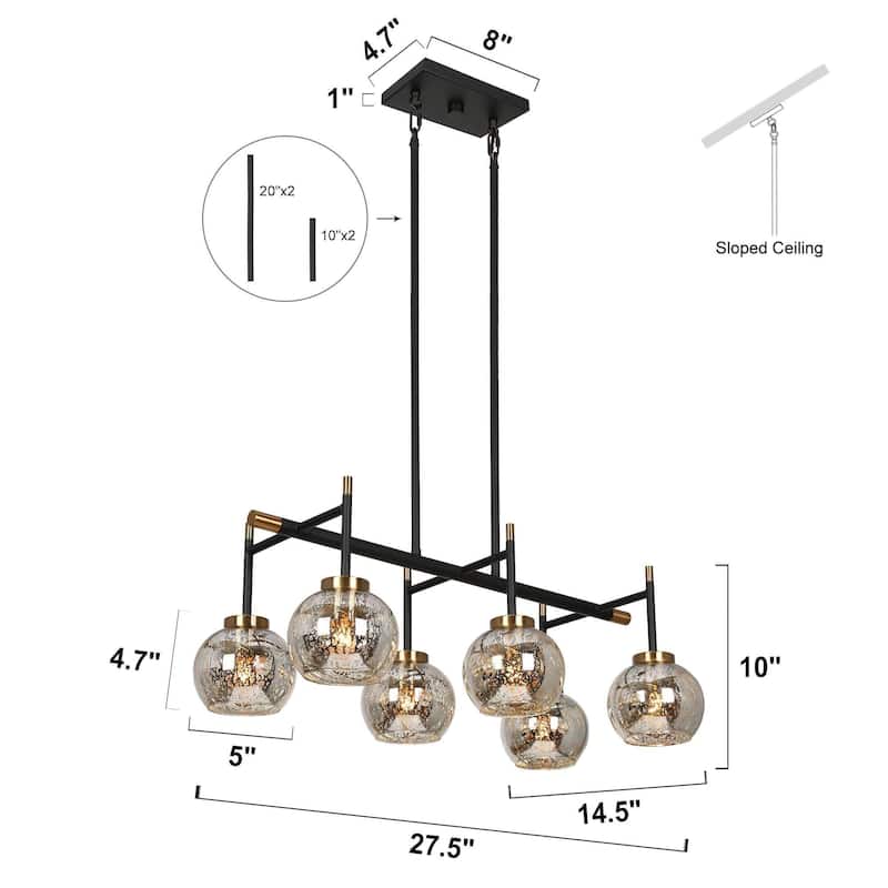 Modern Farmhouse 6-Light Black Gold Linear Chandelier Island Lights with Mercury Glass - 27.5" L x 14.5" W x 10" H