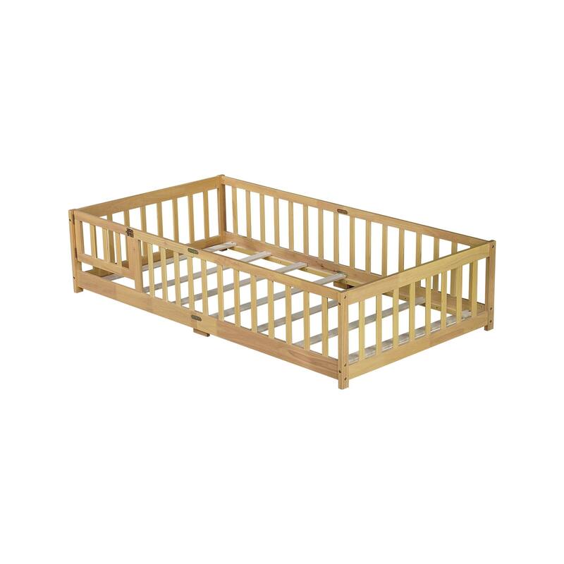 Twin Size Floor Bed with Fence and Door,Rubber Wood Floor Bed with Safety Guardrails