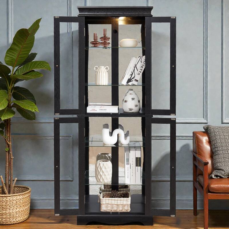 Lighted Glass Curio Display Cabinet with Wood Frame, 6-Tier Storage for Wine, Collectibles and Toys, Light Bulb Included