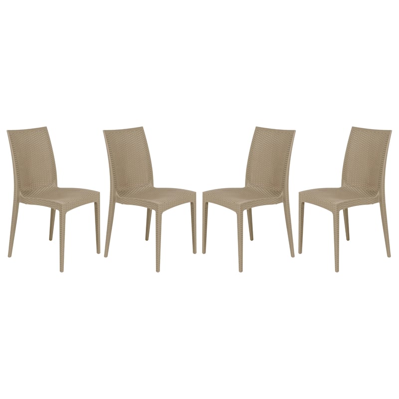 Outdoor Patio Dining Chairs, Set of 4 Stackable Polypropylene Chairs with Woven Design for Garden, Deck, or Pool - Taupe