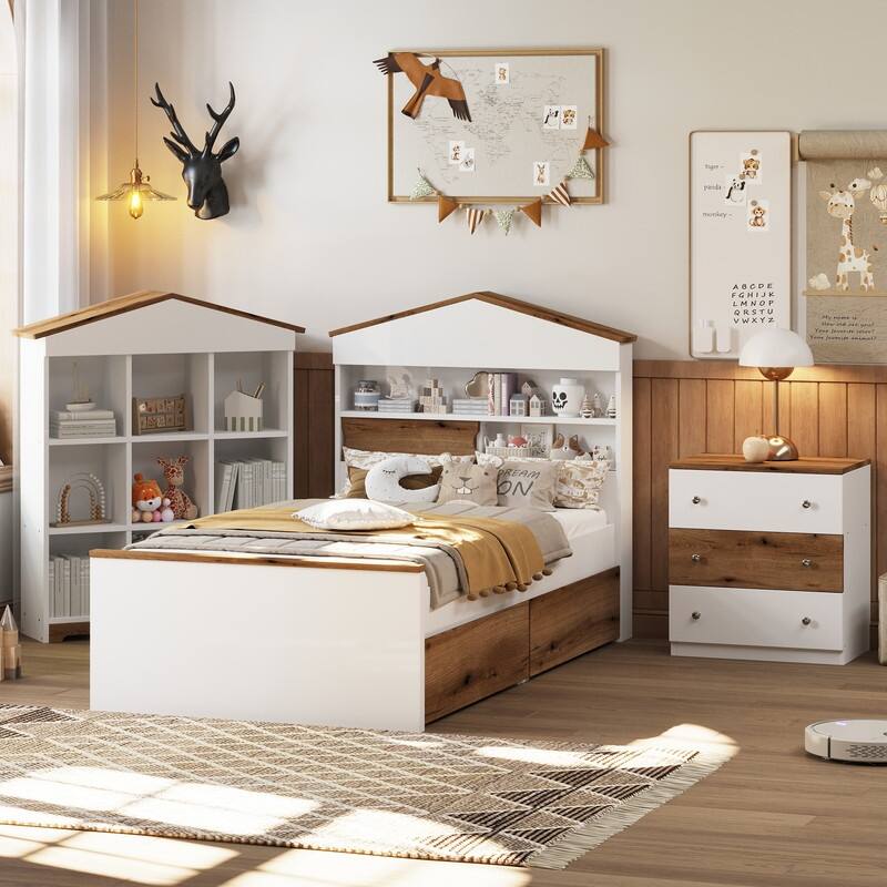 2/3/4-Piece Bedroom Set, Twin/Full/Queen, Wooden Bed, 2 Nightstands, Dresser, Sliding Door Headboard, White/White+Brown