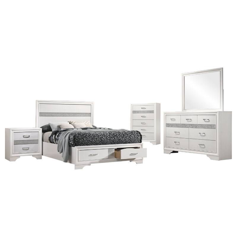 Vino White 5 Piece Full Bed Set with Storage, Dressers, Glitter Accent