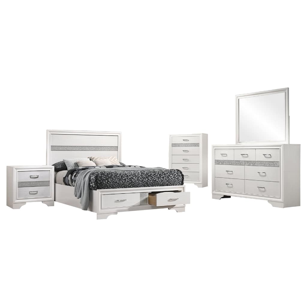 Vino White 5 Piece Full Bed Set with Storage, Dressers, Glitter Accent