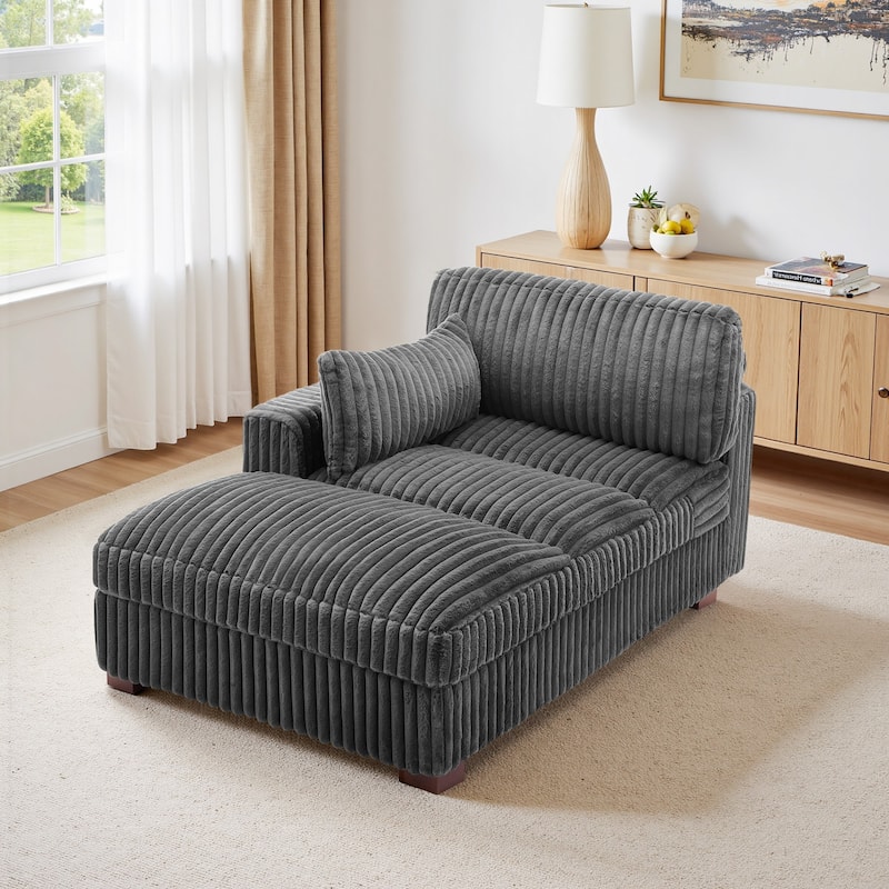 41" W Plush Corduroy Chaise Lounge with Pillows - Left Facing - Grey-Chaise