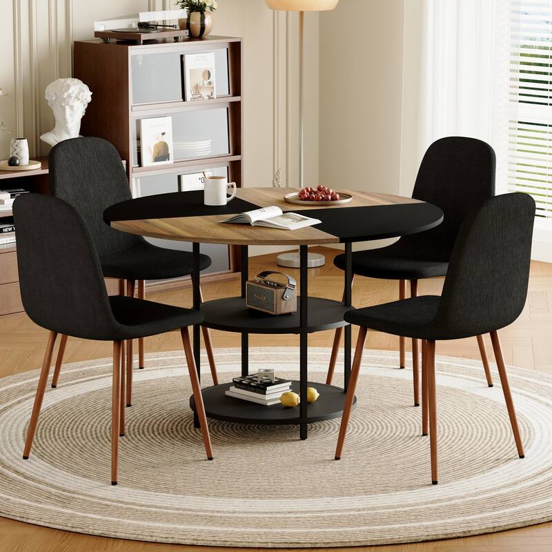 5-piece Natural and Black Spliced Round Dining Table Set with Double-Layer Storage Shelf, Anti-Slip Feet - Black,Dark Walnut,Wood