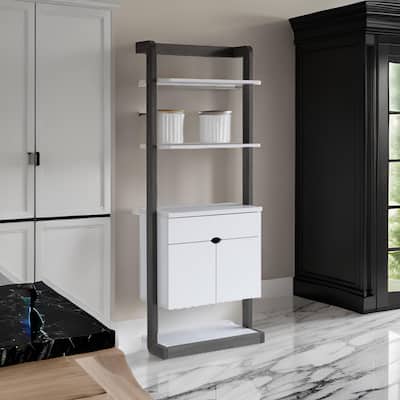 65 Inch Modern Display Cabinet, 4 Shelves, Drawer, Distressed Gray, White