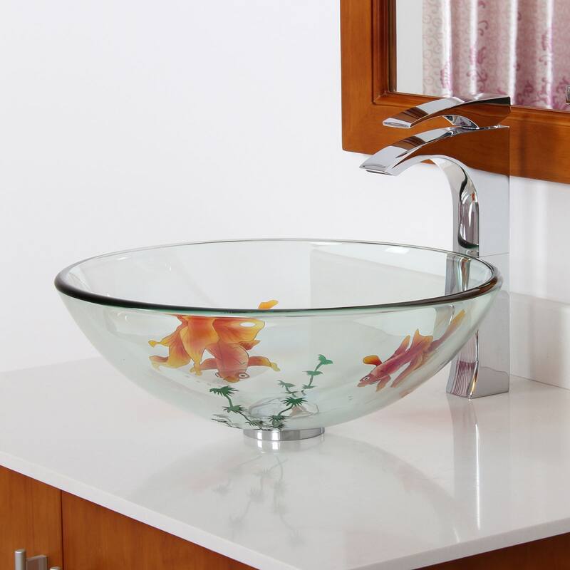 ELITE Bathroom Koi Fish Style Tempered Glass Vessel Sink