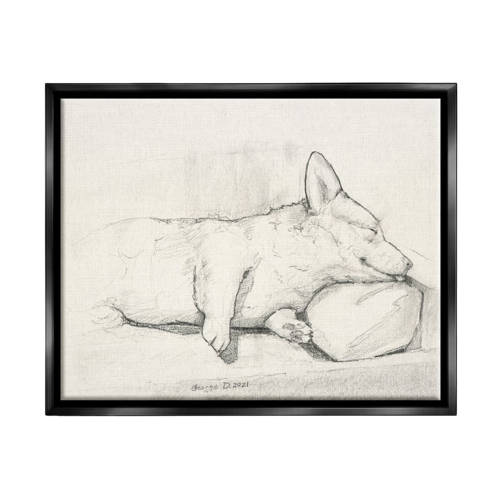 Stupell Corgi Dog Lolling Tongue Graphite Pencil Sketch Floater Frame, Design by George Dyachenko