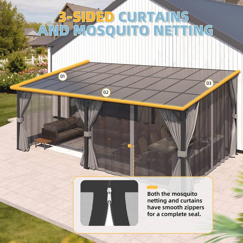 AECOJOY Gazebo for Patio, Small Wall-Mounted Lean to Pergola 8x8 Gazebo with Curtains and Netting, Hard Top Gazebo on Clearance