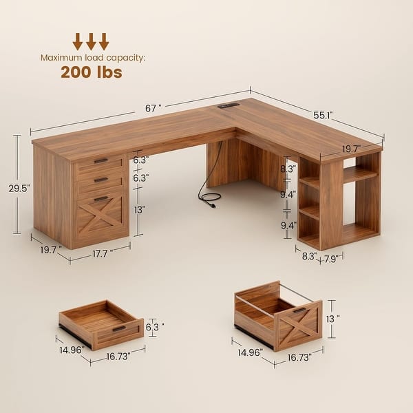 dimension image slide 18 of 30, Farmhouse Executive L Shaped Desk Home Office Desk with Drawers and Storage Cabinet & Power Outlet