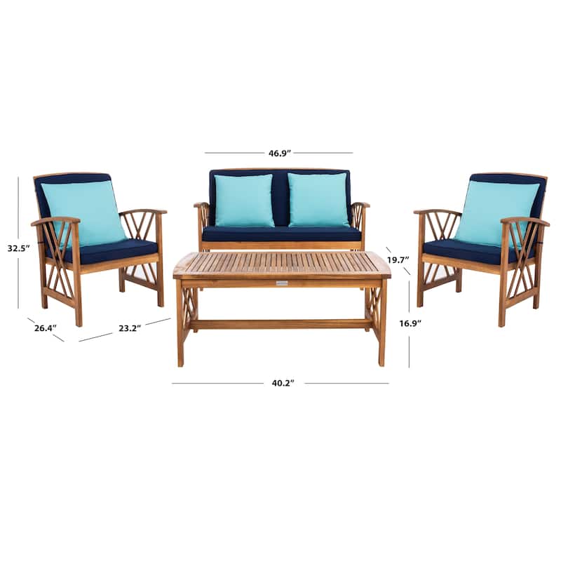 SAFAVIEH Outdoor Living Fontana Acacia/Navy Cushion 4-piece Patio Set