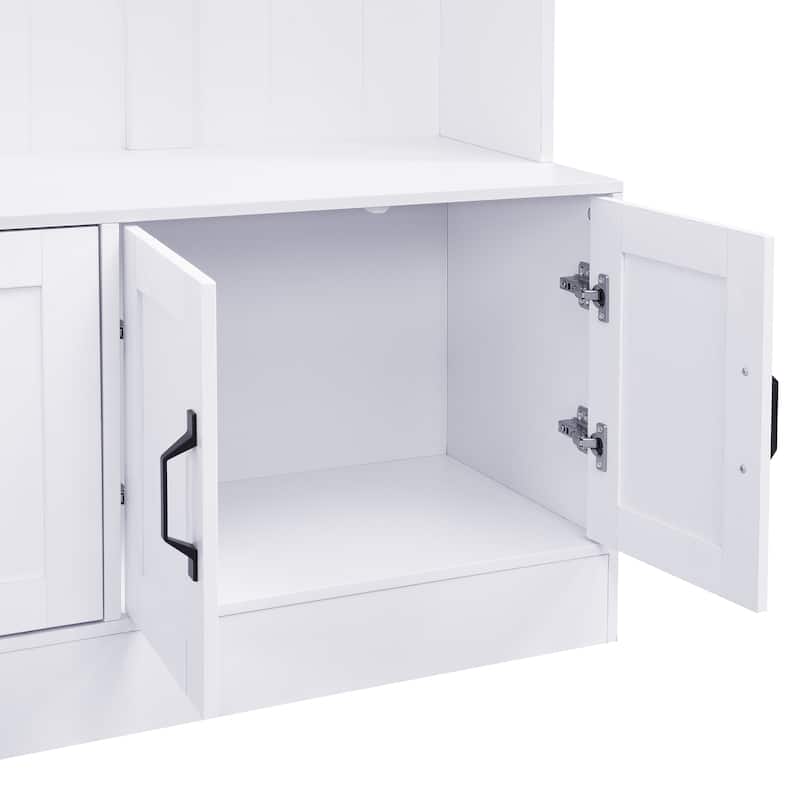 79" Modern Hall Tree with Shoe Storage, 4-in-1 Entryway Bench with 4 Coat Hooks & Adjustable Shelf Mudroom Wood Storage Cabinet