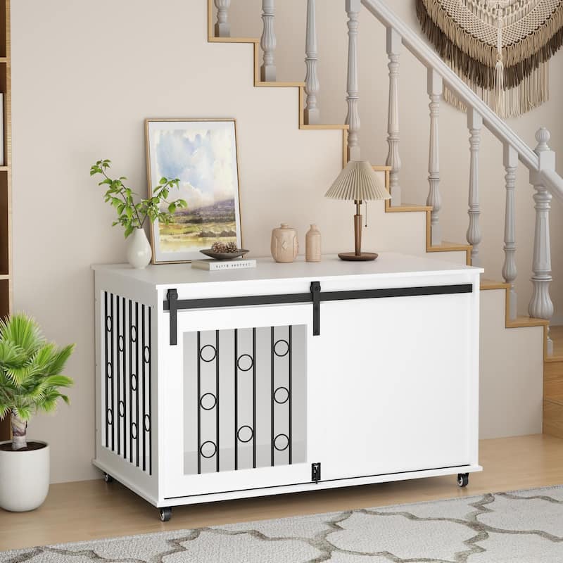39.37" Wooden Dog Crate Furniture with Sliding Barn Door and Side Door, Indoor Dog Kennel End Table for Small to Medium Dogs