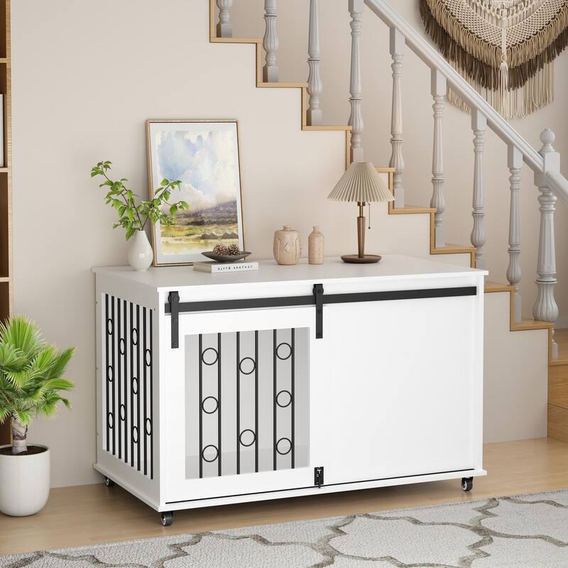 Wooden Dog Crate with Lockable Wheels, Indoor Dog Kennel End Table, Decorative Pet Crate with Sliding Barn Door & Side Door