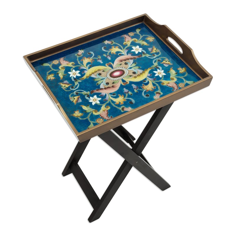Novica Handmade Colonial Night Reverse Painted Glass Folding Tray Table