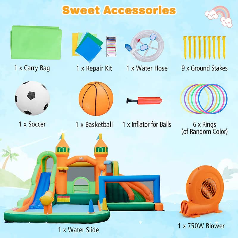 Gymax Kids Inflatable Water Slide Park w/680W Blower Basketball Rim