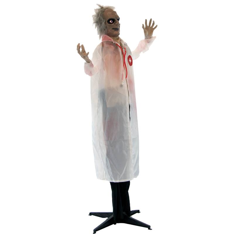 Haunted Hill Farm 5.4-Ft. Animatronic Doctor, Indoor/Covered Outdoor Halloween Decoration, Red LED Eyes, Laughing