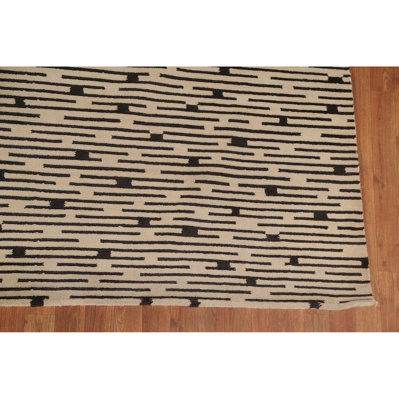 Beige Striped Nepalese Large Area Rug Handmade Wool Carpet - 10'1" x 13'9"