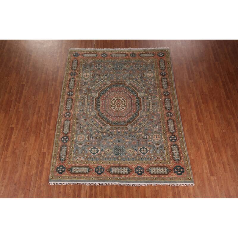Gray Geometric Khotan Indian Area Rug Hand-Knotted Wool Carpet - 7'9"x 9'10"