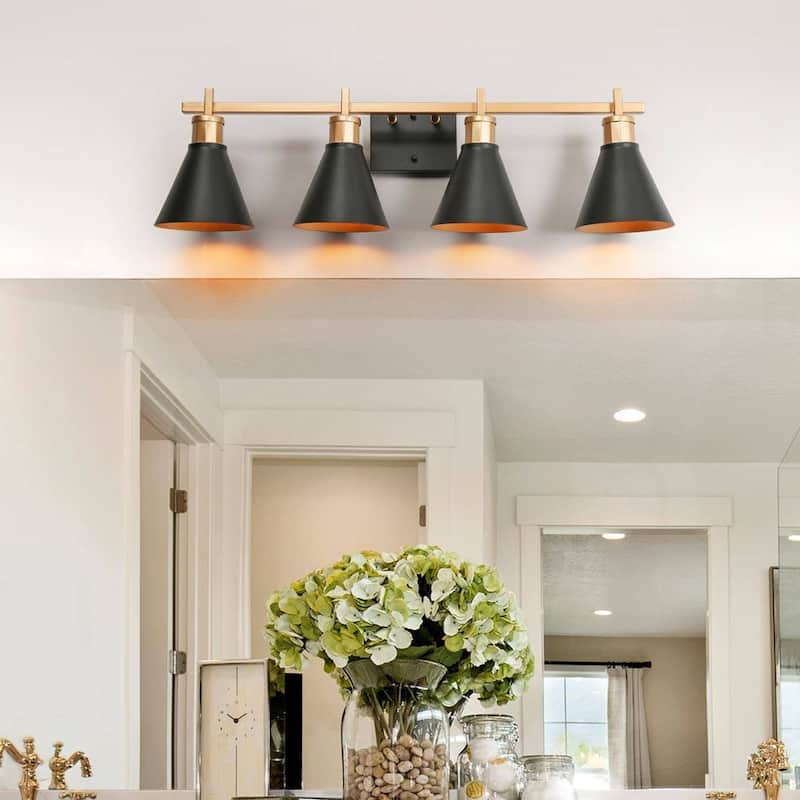 Reuel Modern Black Gold Vanity Light Bathroom 4-Light Metal Wall Sconce for Powder Room - 30.5'' L x 7.5'' W x 8.5'' H