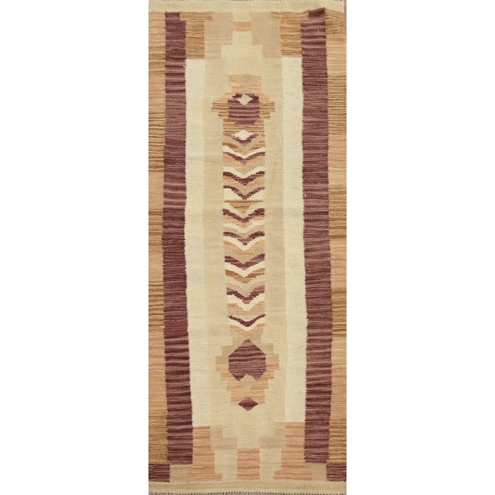 Hand Woven Oriental 100% Wool Carpet Southwestern Tribal Beige & Ivories Kilim Runner Rug - 5' 9'' X 2' 0''