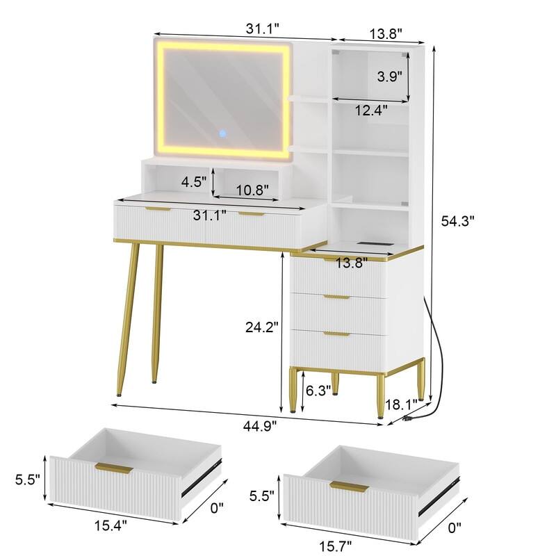 Makeup Vanity Desk with Lighted Mirror, 5 Drawers, Storage Shelves, Power Outlets