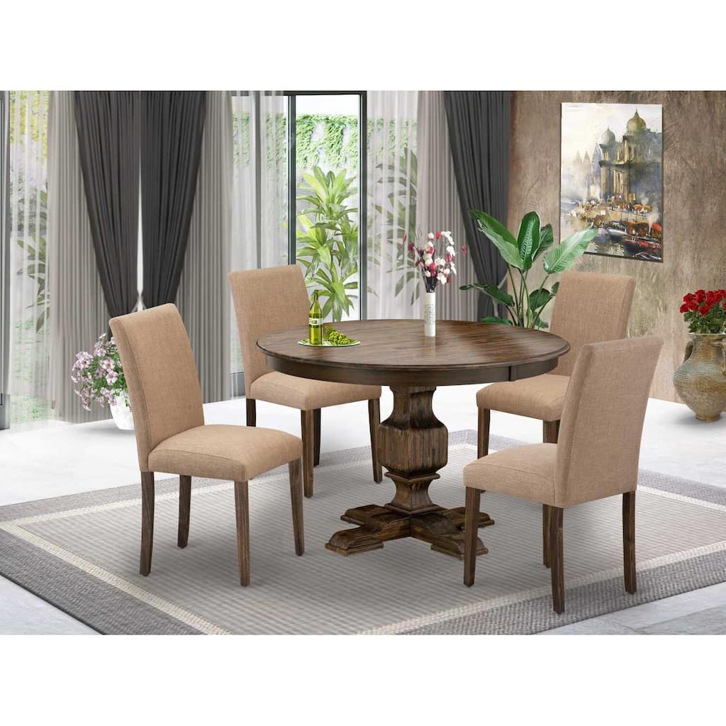 HomeStock 3-Piece Distressed Jacobean Finish Solid Wood Top Dining Table with 2 Upholstered Chairs