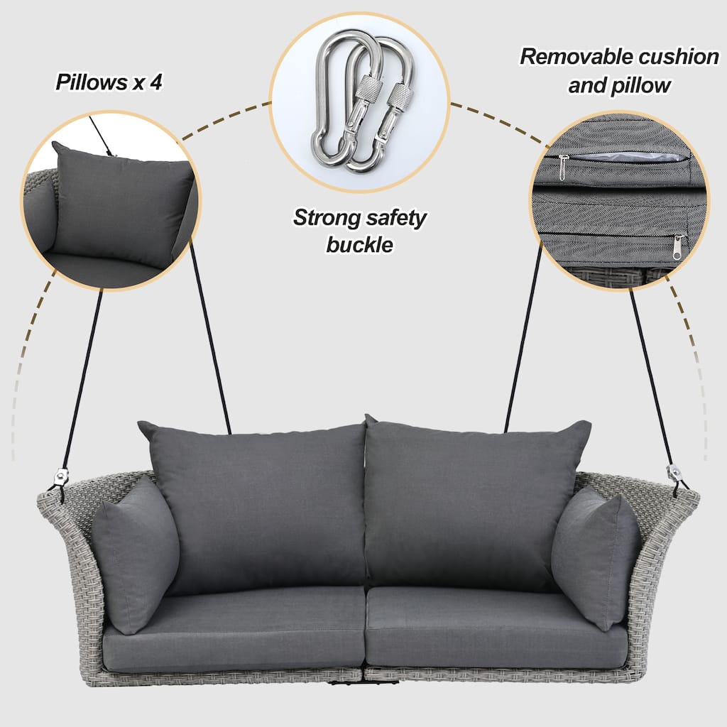 All-Weather Woven Swing Chair for Two, Outdoor Hanging Chair with Adjustable Ropes & Waterproof Cushions