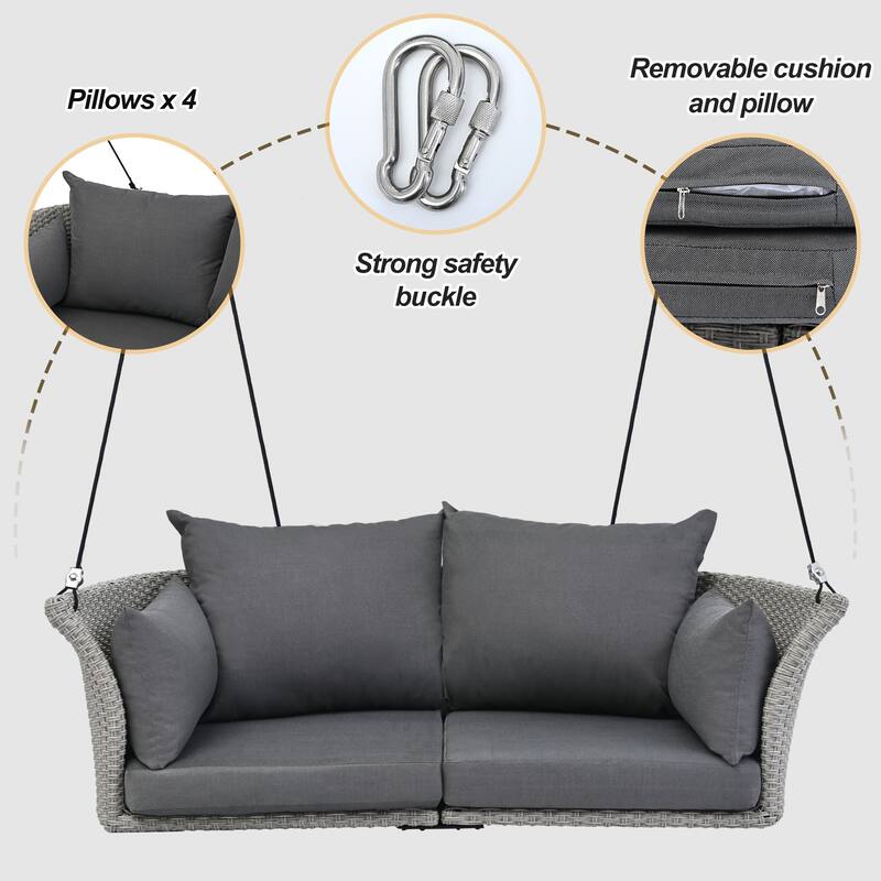 Wicker Hanging Swing Chair for 2 with Includes Cushion and Pillows,Adjustable Ropes-500lb Capacity