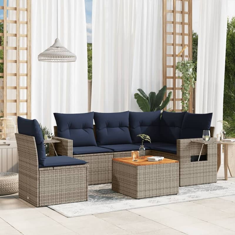 vidaXL 6 Piece Patio Sofa Set with Cushions Gray/Brown/Black Poly Rattan - 24.4" x 24.4" x 27.2" - Grey and navy blue  - form3