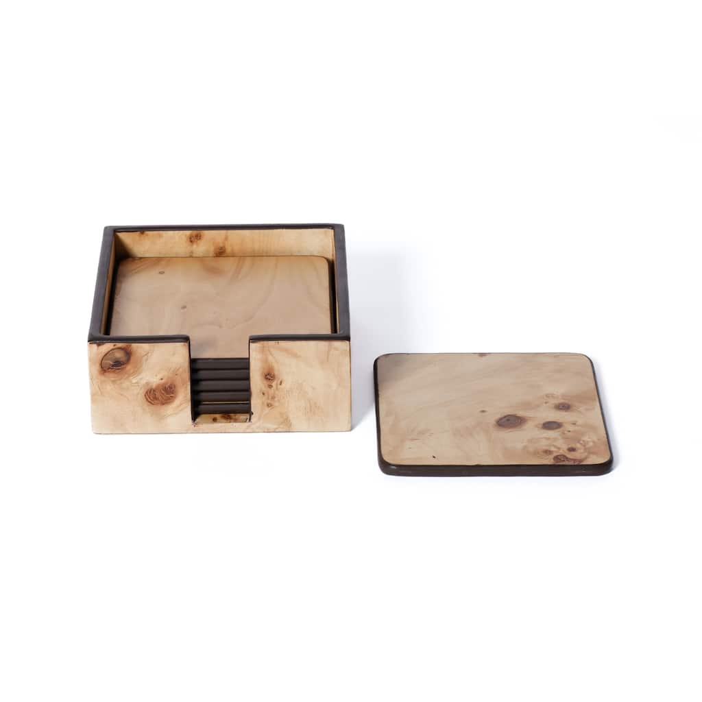 Valberg Burl Veneer Square Beverage Coasters with Holder, Set of 6 - Natural