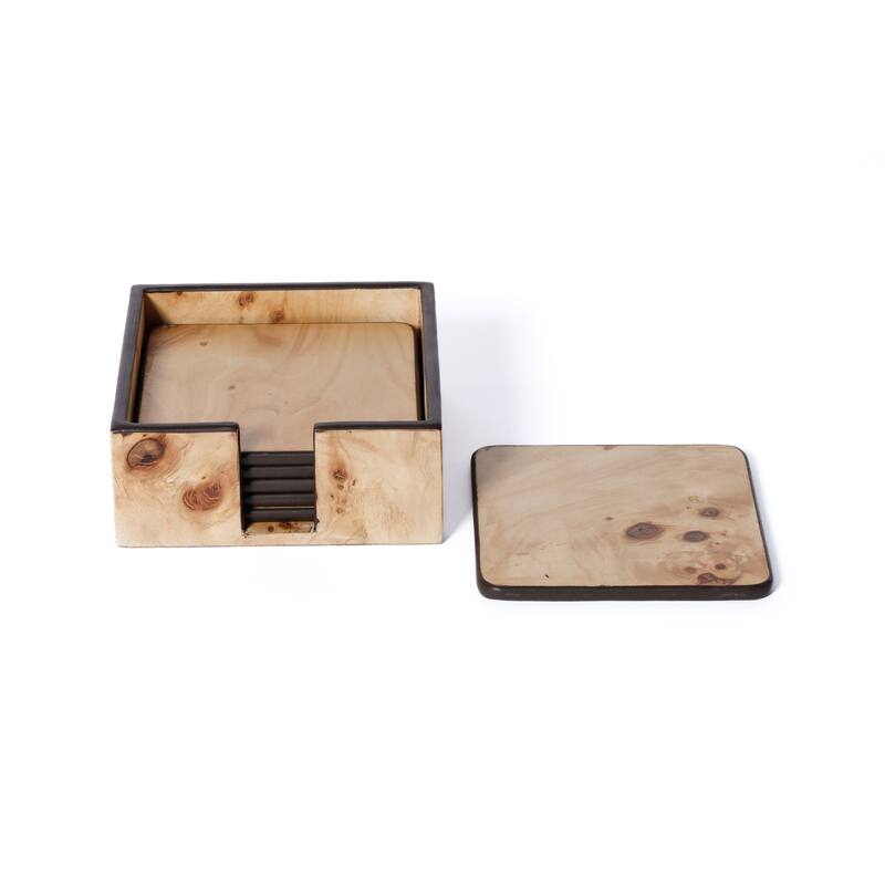 Valberg Burl Veneer Square Beverage Coasters with Holder, Set of 6 - Natural