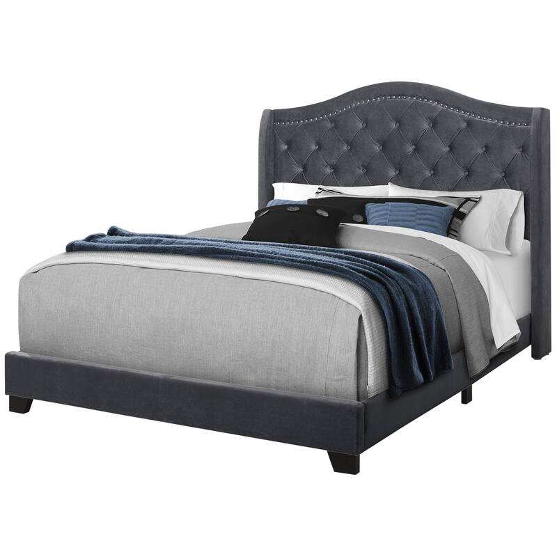 Modern Velvet Bed Frame Queen Size, Upholstered Platform Bed with Wood Legs, Dark Grey Bed Frame, Minimalist Design