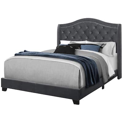 Modern Velvet Bed Frame Queen Size, Upholstered Platform Bed with Wood Legs, Dark Grey Bed Frame, Minimalist Design