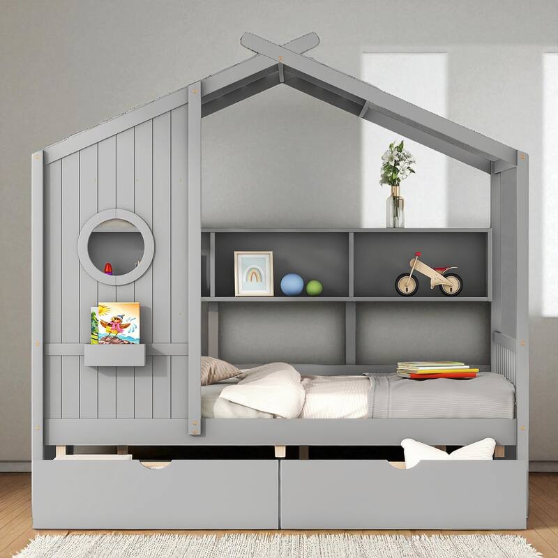 Wooden Twin/Full House Bed with Roof, 2 Storage Drawers & Rear Shelf, Kids Platform Bed with Slats, Gray - Grey - Full