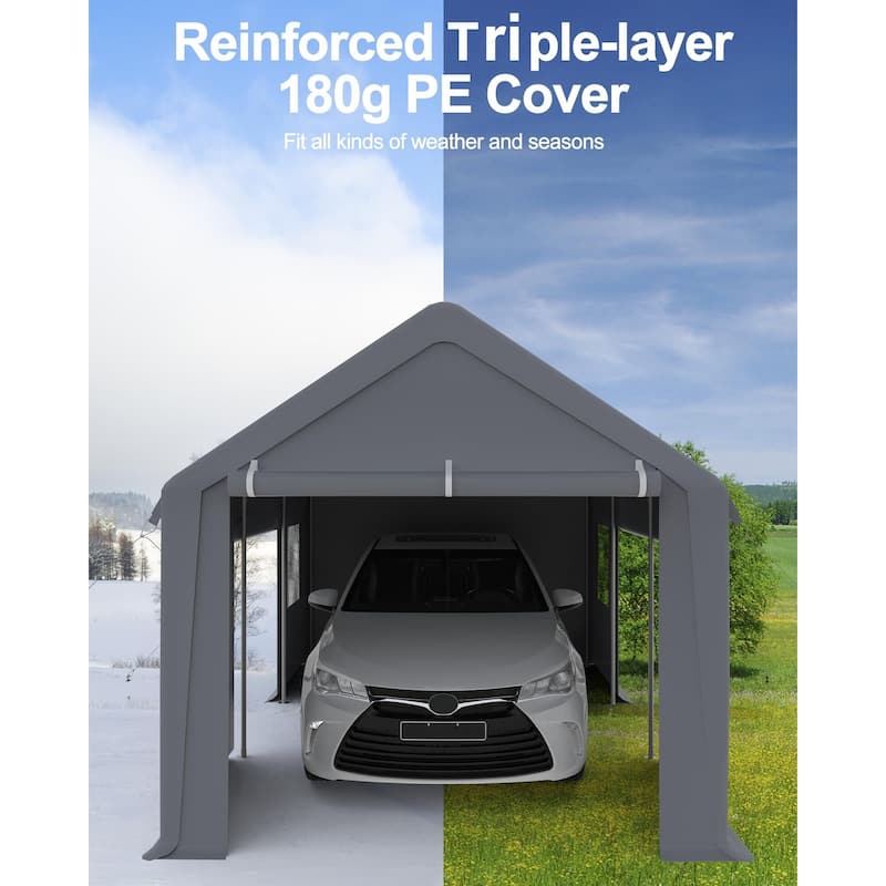 Carport10'x20'Portable Garage,4 Roll-up Doors 4 Windows，Gray
